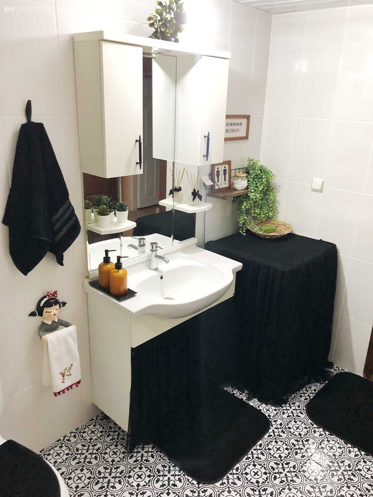 Banyo, Banyo dolabı, Siyah, Beyaz, Stencil, Mobilya boyama, Banyo seramikleri