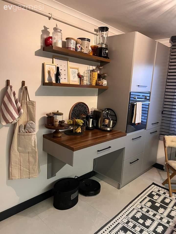 Kahve köşesi, Modern, Gri, Beyaz, Siyah, Duvar rafı, Duvar dekorasyonu, Ankastre, Mutfak