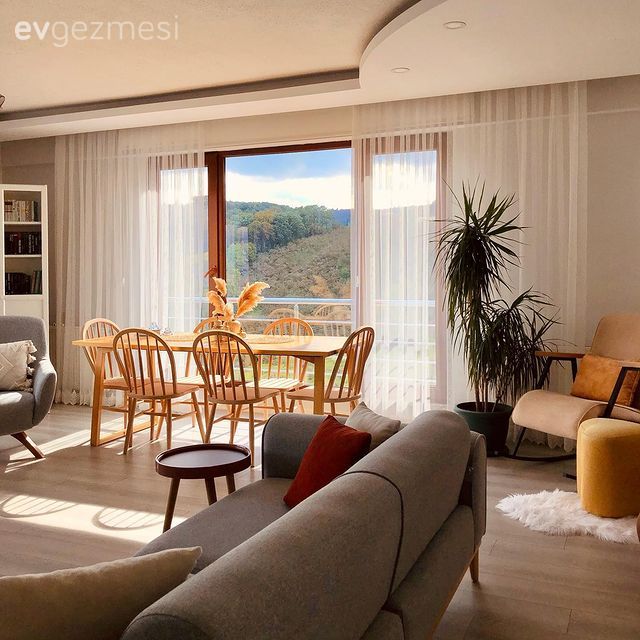 Salon, Gri, Ahşap Mobilya, Koltuk takımı, Sandalye, Yemek masası, Ev bitkisi, Saksı, Puf, Berjer, Tül perde, Perde, Kırlent, Ev tekstili