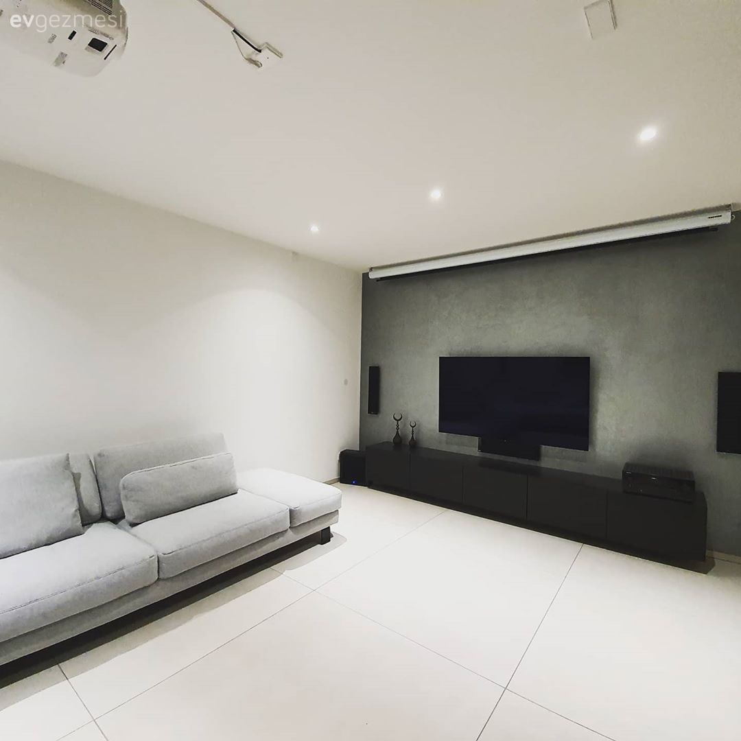 Salon, Modern, Gri, Beyaz, Siyah, Koltuk takımı, Tv ünitesi, Duvar dekorasyonu