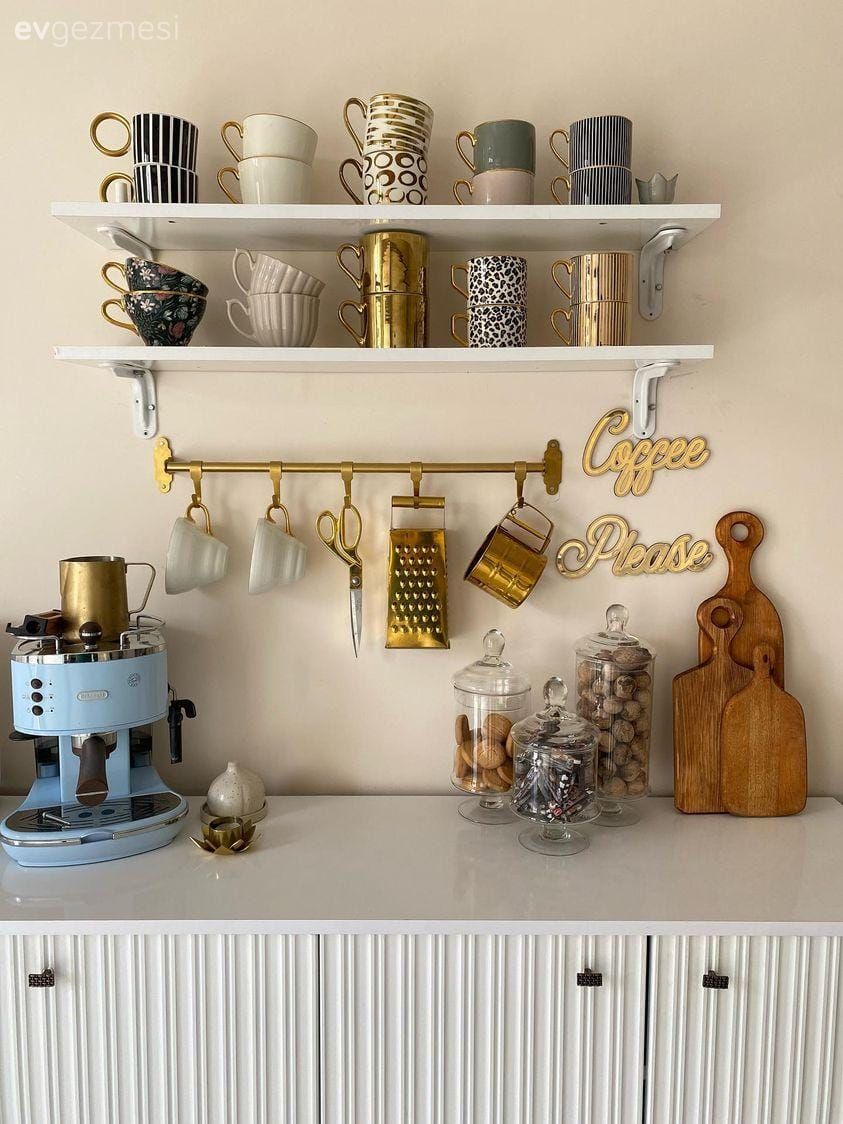 Kahve köşesi, Duvar rafı, Duvar dekorasyonu, Beyaz, Mutfak rafı, Mutfak, Mutfak aksesuarları, Dekoratif Objeler