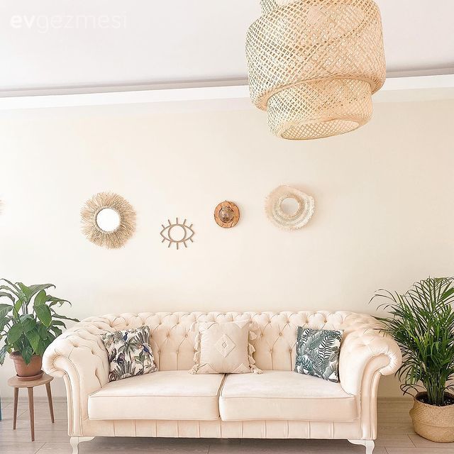 Salon, Krem, Beyaz, Bej, Hasır, Kırlent, Ev tekstili, Ev bitkisi, Saksı, Hasır avize