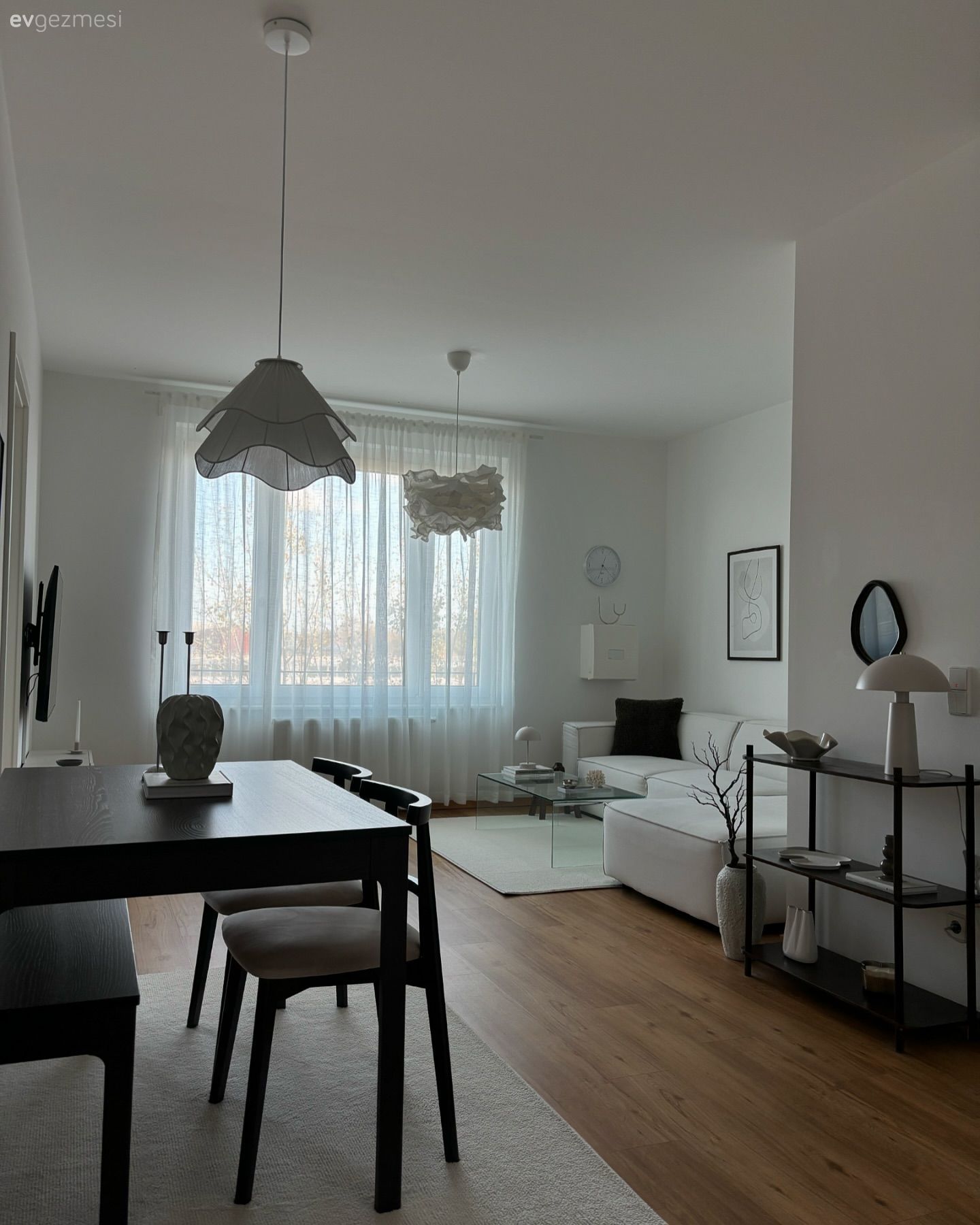 Salon, Modern, Siyah, Beyaz, Bej, Köşe koltuk, Koltuk takımı, Tül perde, Perde, Sandalye, Yemek masası, Parke, Dresuar, Dekoratif Objeler, Tablo, Duvar dekorasyonu, Avize, Aydınlatma