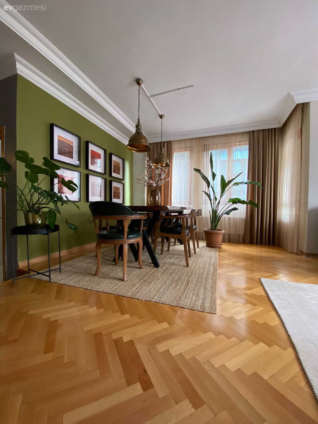 Salon, Yeşil duvar, Çerçeve, Beyaz, Siyah, Kahverengi, Modern, Jüt halı, Halı, Parke, Sandalye, Yemek masası, Sarkıt, Aydınlatma, Fon perde, Perde, Tül perde, Saksı, Ev bitkisi