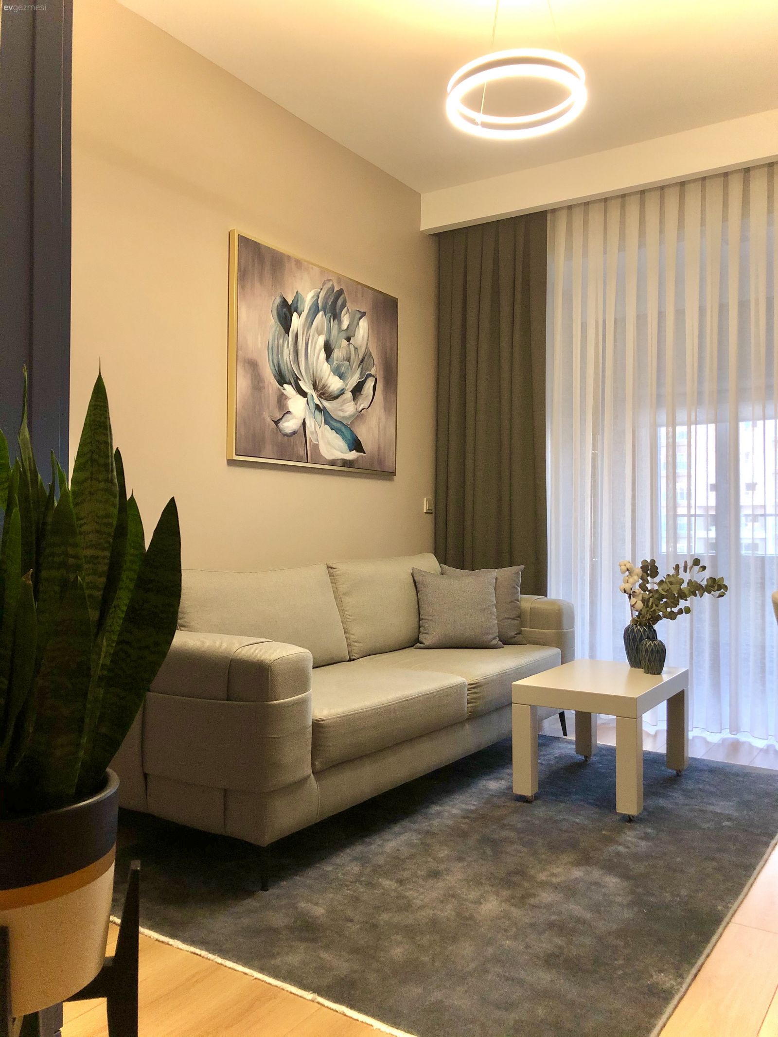 Oturma Odası, Bej, Tablo, Duvar dekorasyonu, Koltuk takımı, Halı, Fon perde, Perde, Tül perde