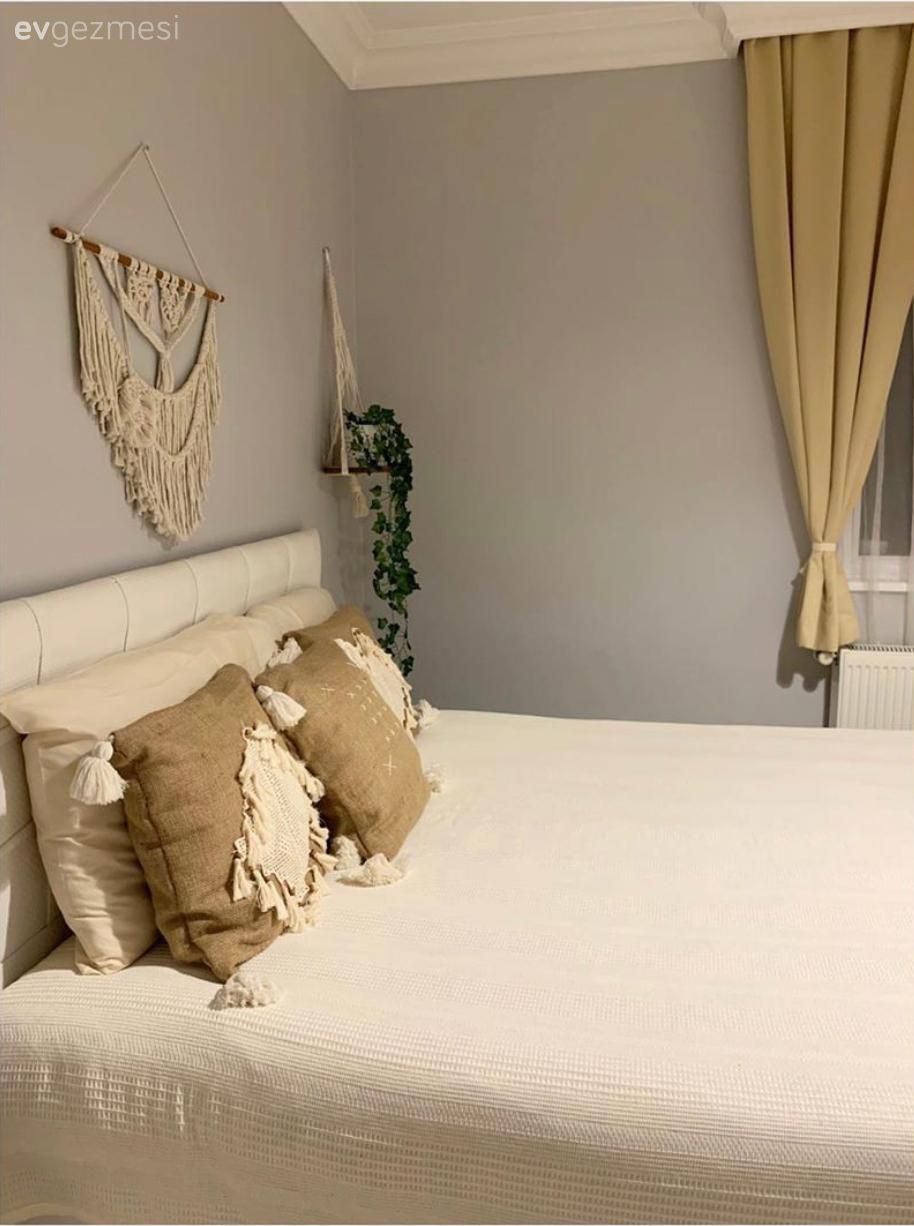Yatak Odası, Bohem Dekorasyon, Beyaz, Vizon, Krem, Yatak örtüsü, Kırlent, Ev tekstili, Makrome, Ev bitkisi