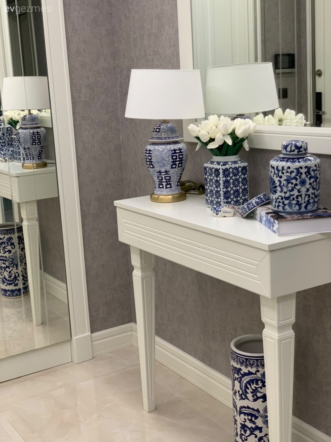 Antre, Beyaz, Mavi, Gri, Ayna, Dresuar, Aydınlatma, Boy aynası, Abajur, Dekoratif Objeler