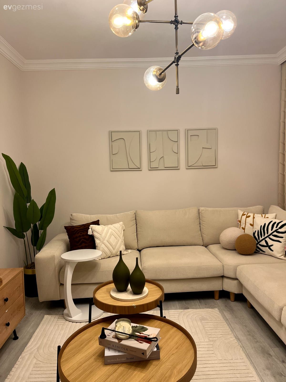 Salon, Bohem Dekorasyon, Bej, Krem, Beyaz, Köşe koltuk, Koltuk takımı, Kırlent, Ev tekstili, Avize, Aydınlatma, Orta sehpa, Sehpa, Ev bitkisi, Halı, Tv ünitesi, Tv ünitesi aksesuarları, Ev Aksesuar