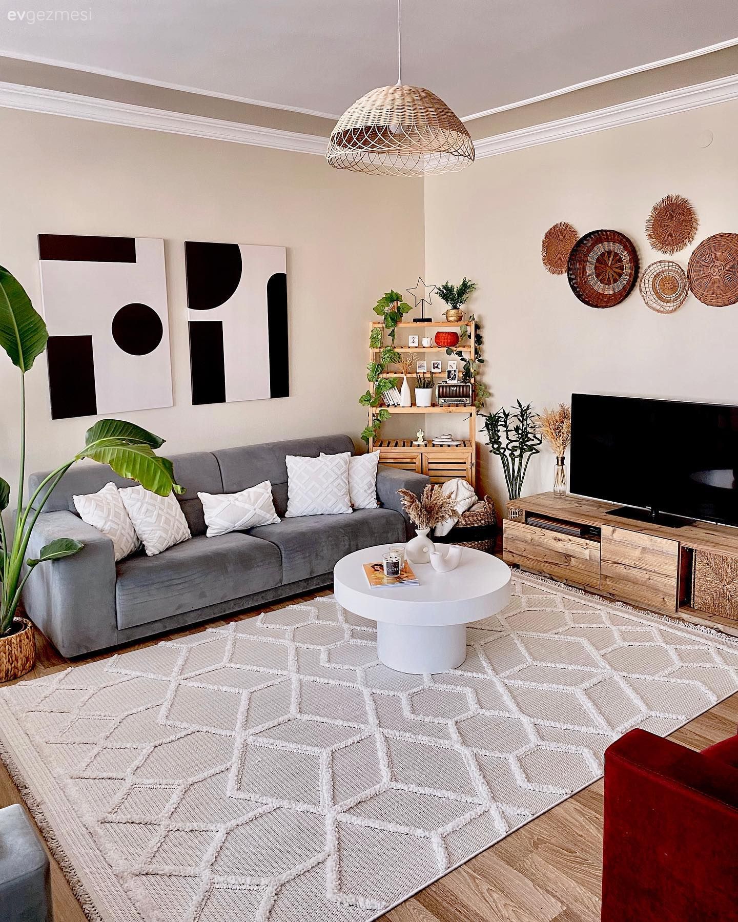 Salon, Bohem Dekorasyon, Gri, Beyaz, Ahşap Mobilya, Koltuk takımı, Tv ünitesi, Tv ünitesi aksesuarları, Ev Aksesuar, Tablo, Duvar dekorasyonu, Halı, Salon halısı, Orta sehpa, Sehpa, Parke, Hasır avize, Ev bitkisi