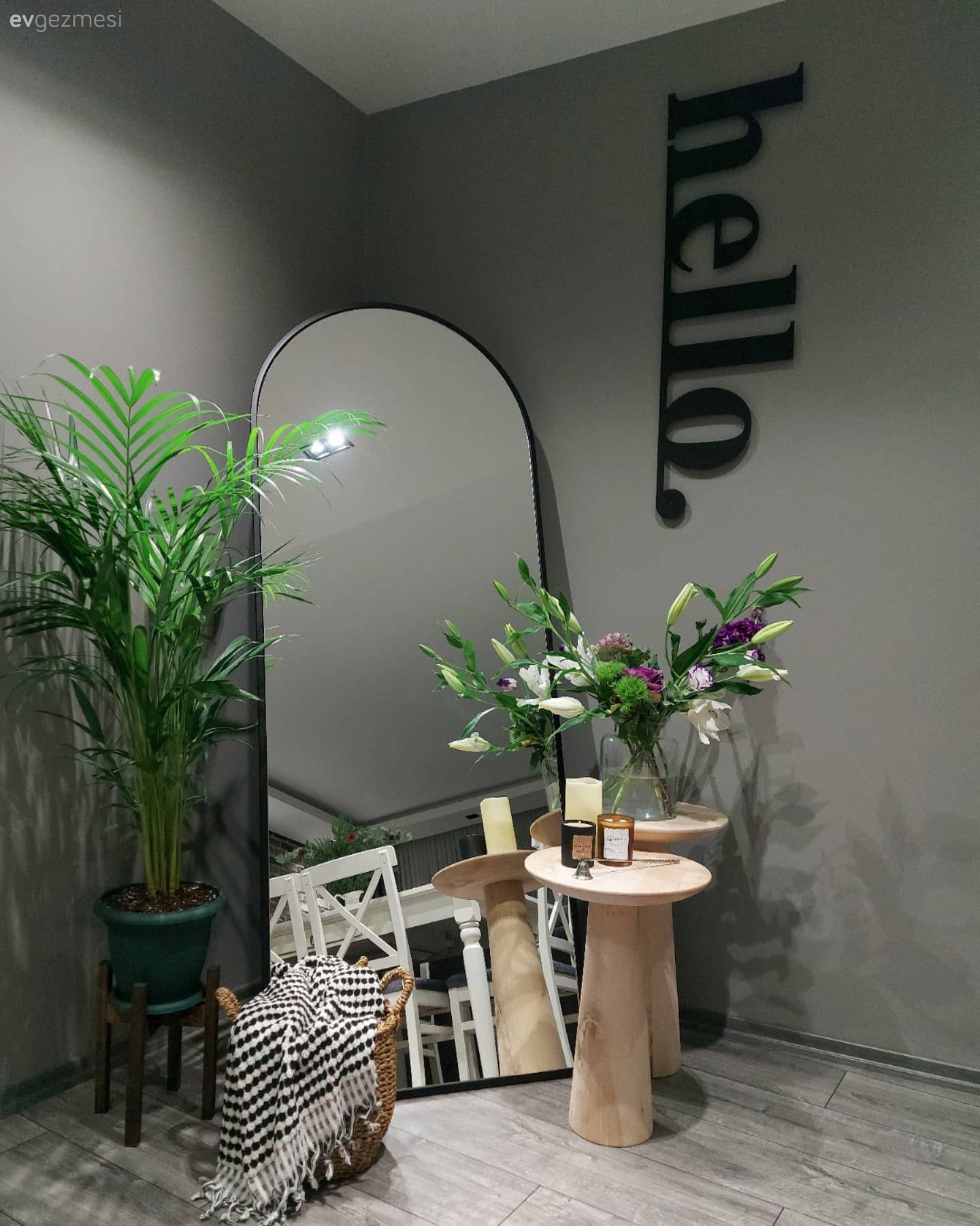 Gri duvar, Siyah, Boy aynası, Ayna, Yan sehpa, Sehpa, Ev bitkisi