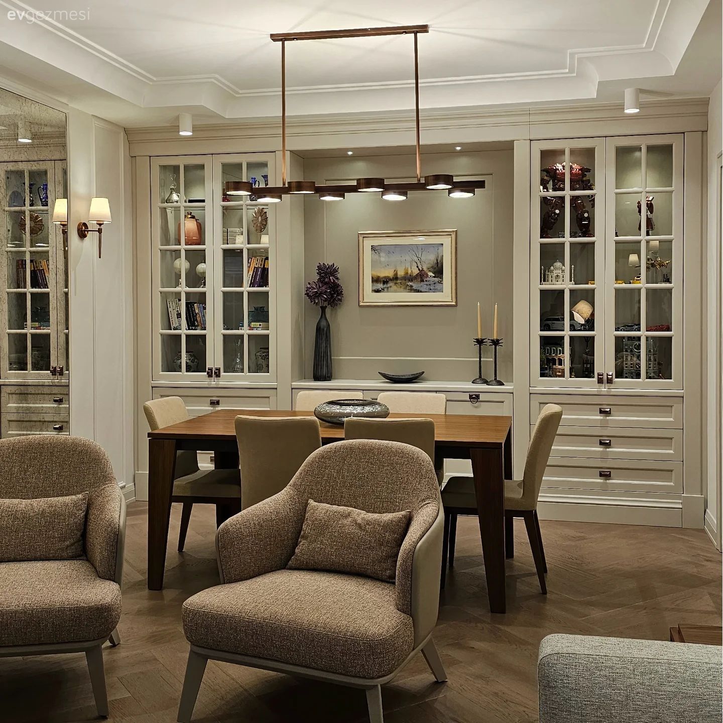 Salon, Country, Modern, Beyaz, Vizon, Krem, Vitrin, Berjer, Sandalye, Yemek masası, Aplik, Aydınlatma, Avize, Dekoratif Objeler, Spot aydınlatma, Tablo, Duvar dekorasyonu, Şamdan, Ev Aksesuar