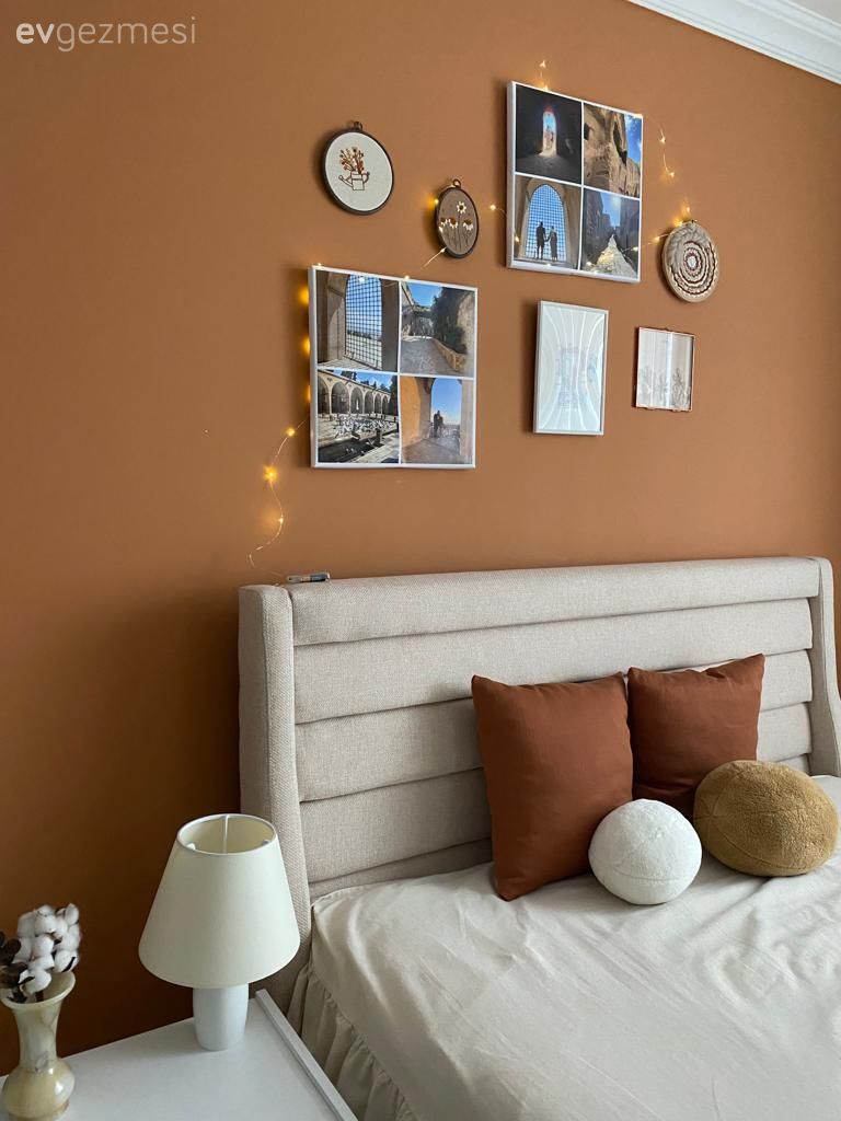 Turuncu duvar rengi, Beyaz, Krem, Komodin, Kırlent, Ev tekstili, Abajur, Aydınlatma