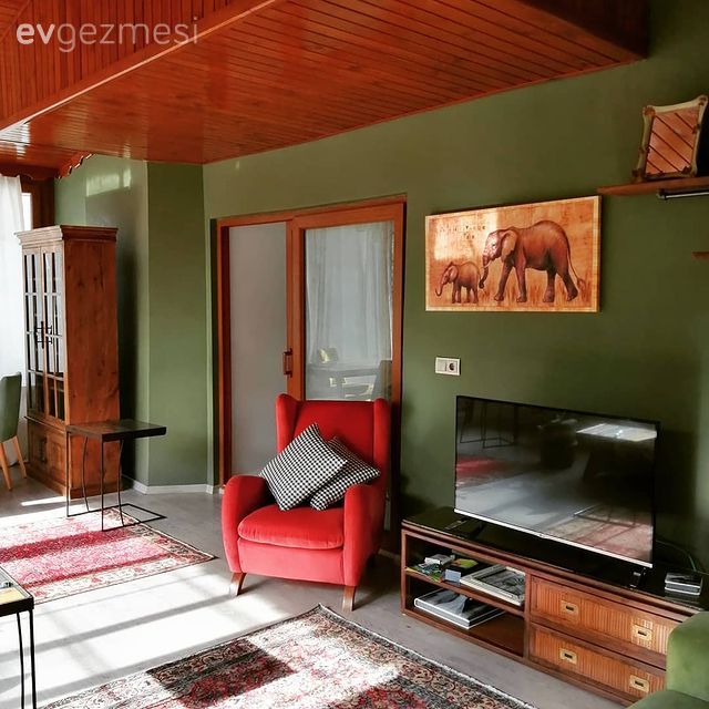 Müstakil Ev, Salon, Yeşil duvar, Yeşil, Tavan dekorasyon, Duvar rafı, Duvar dekorasyonu, Tablo, Halı, Salon halısı, Turuncu