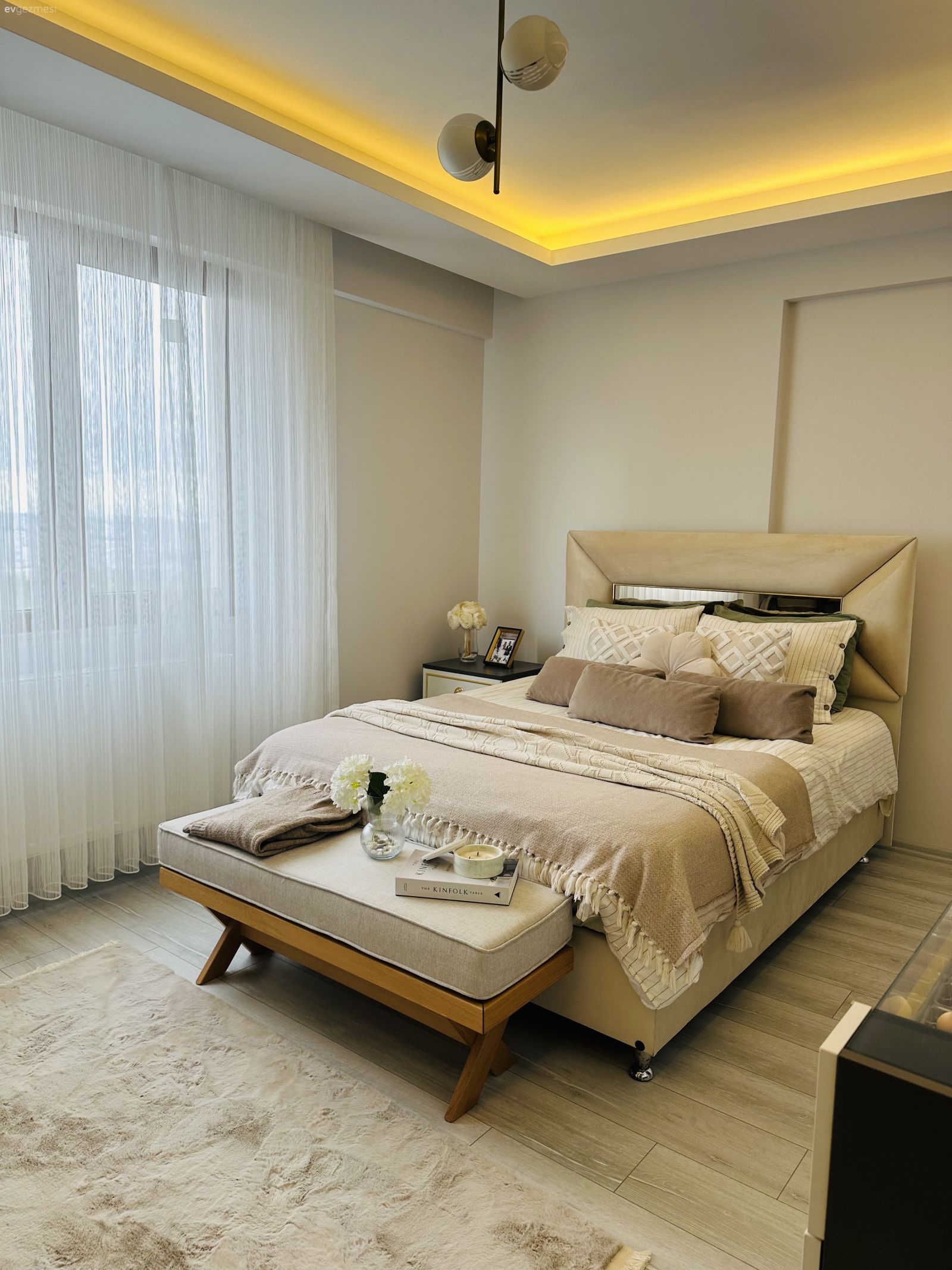 Yatak Odası, İskandinav, Beyaz, Bej, Krem, Tül perde, Perde