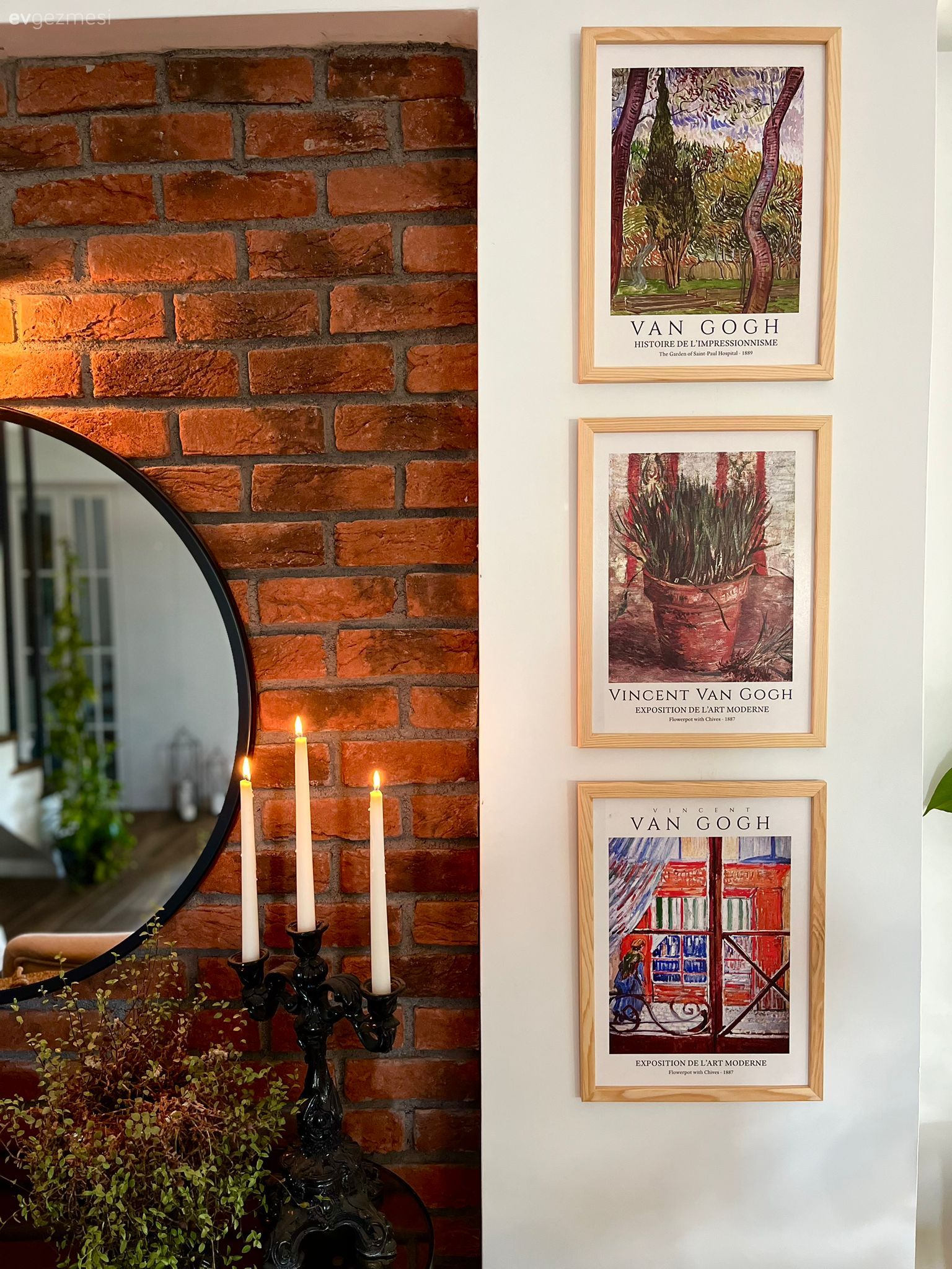 Çerçeve, Tuğla duvar, Yuvarlak ayna, Dekoratif ayna, Şamdan, Ev Aksesuar, Ev bitkisi