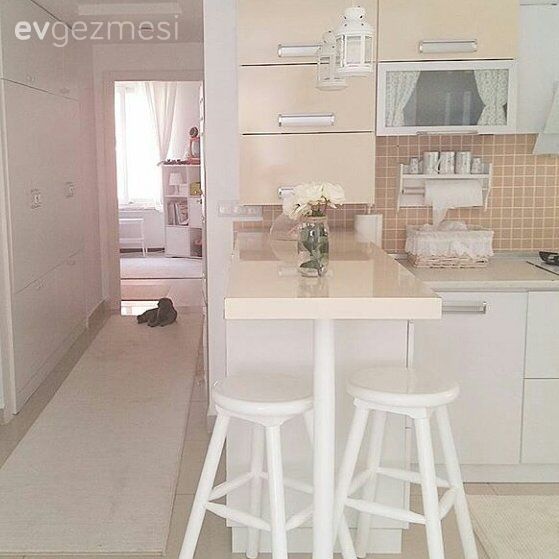 Mutfak, Amerikan Mutfak, Country mutfak, Beyaz, Krem, Mutfak tezgahı, Mutfak tezgah arası, Ev bitkisi, Çiçeklik, Çiçekler, Tabure