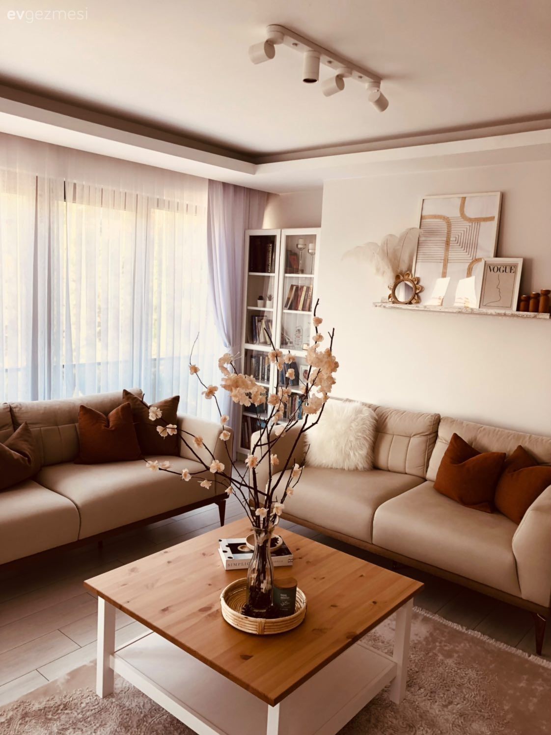 Salon, Modern, Bohem Dekorasyon, Vizon, Kahverengi, Koltuk takımı, Kitaplık, Ahşap Mobilya, Duvar rafı, Duvar dekorasyonu, Kırlent, Ev tekstili, Tül perde, Perde, Çerçeve, Çiçekler