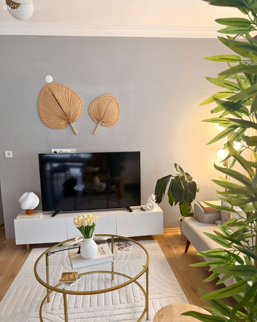 Salon, Modern, Gri duvar, Krem, Bej, Gri, Koltuk takımı, Tv ünitesi, Dekoratif Objeler, Cam orta sehpa, Orta sehpa, Fon perde, Perde, Tül perde, Ev bitkisi, Avize, Aydınlatma