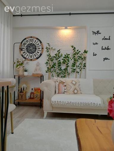 Salon, Bohem Dekorasyon, Beyaz, Krem, Koltuk takımı, Dekoratif Objeler, Duvar dekorasyonu