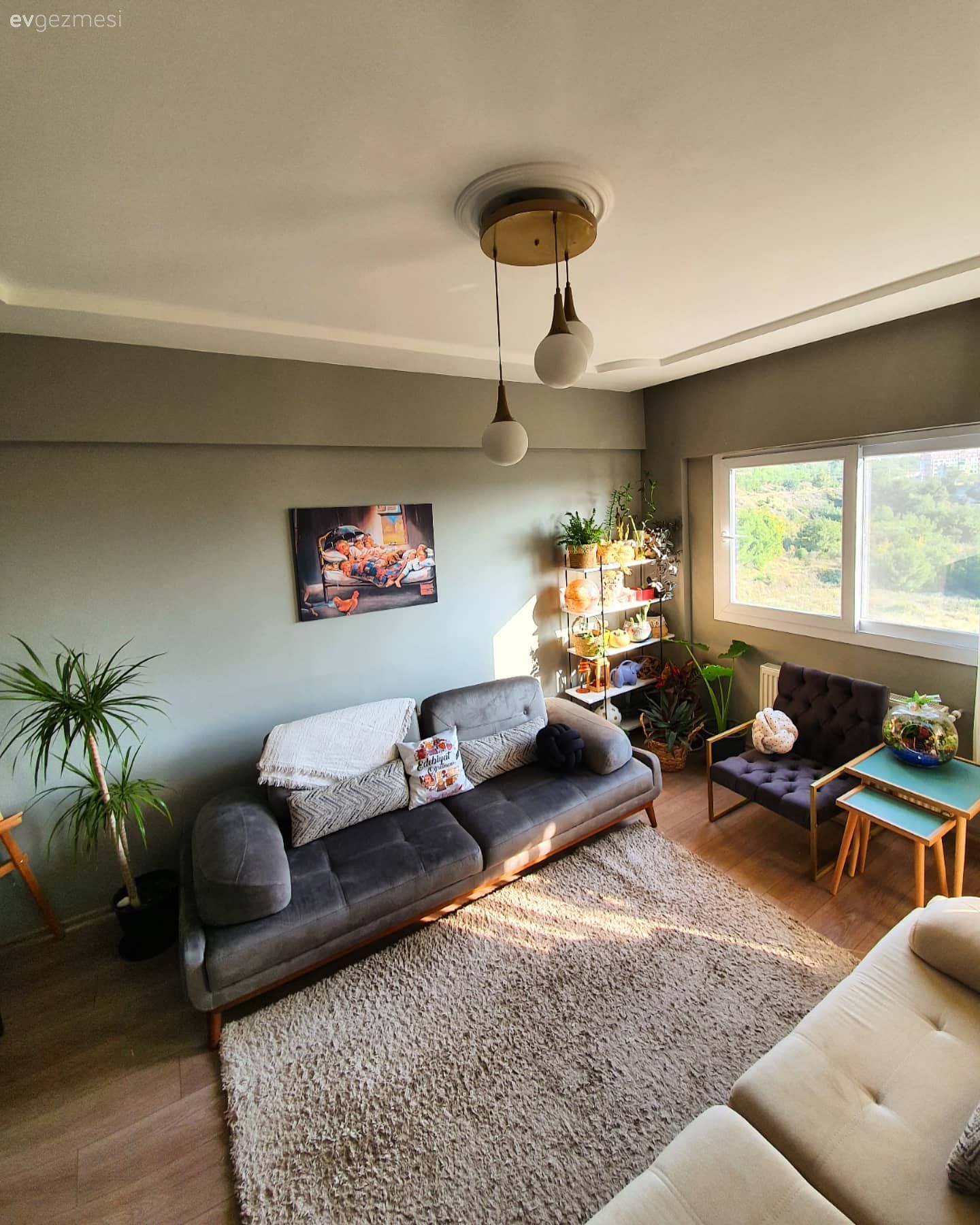 Salon, Bohem Dekorasyon, Gri, Bej, Vizon, Koltuk takımı, Halı, Salon halısı, Tablo, Duvar dekorasyonu, Avize, Aydınlatma, Berjer, Altın, Ev bitkisi, Yan sehpa, Sehpa
