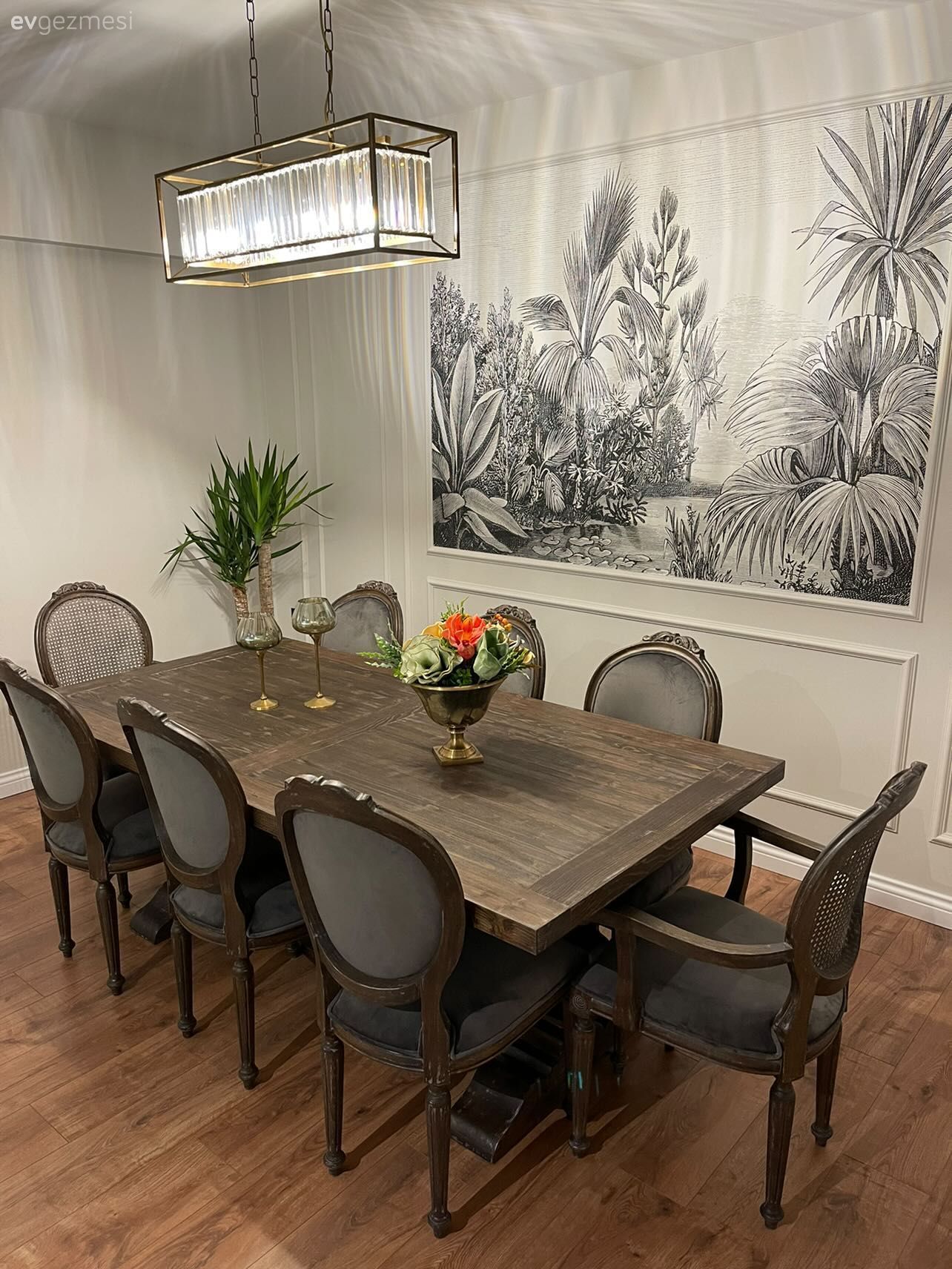 Yemek Odası, Beyaz, Kahverengi, Masif ahşap, Country, Gri, Vizon, Sandalye, Yemek masası, Duvar kağıdı, Duvar dekorasyonu, Avize, Aydınlatma, Yemek odası avizesi