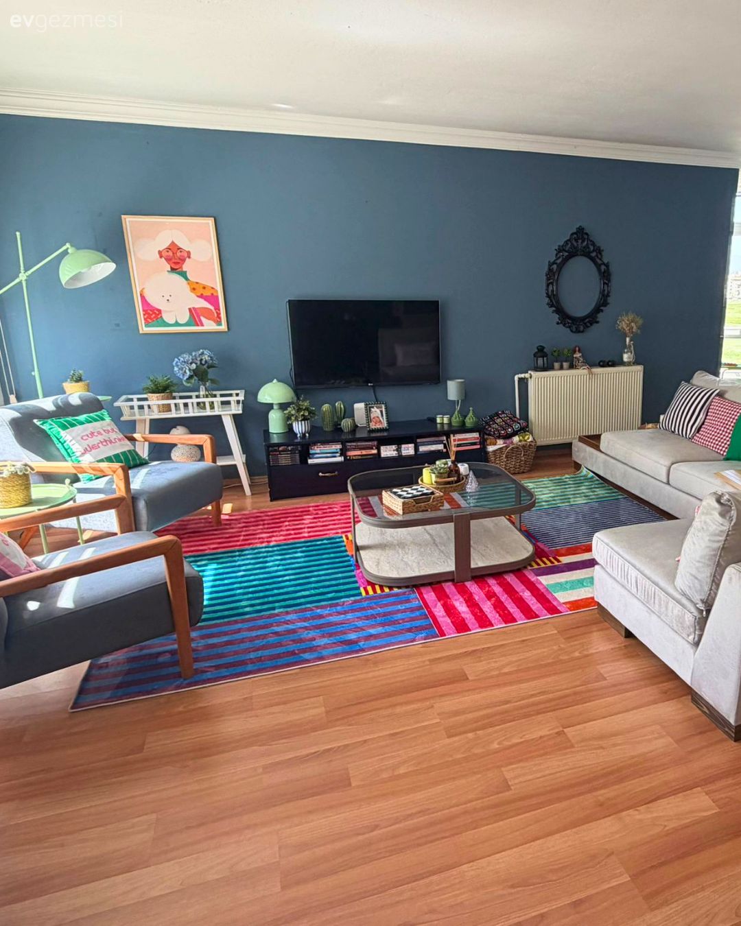 Mavi duvar, Pembe, Mor, Tablo, Duvar dekorasyonu, Desenler, Halı, Salon halısı, Gri, Köşe koltuk, Koltuk takımı, Orta sehpa, Sehpa, Parke, Berjer, Lambader, Aydınlatma, Yeşil, Kırmızı, Tv ünitesi, Tv ünitesi aksesuarları, Ev Aksesuar