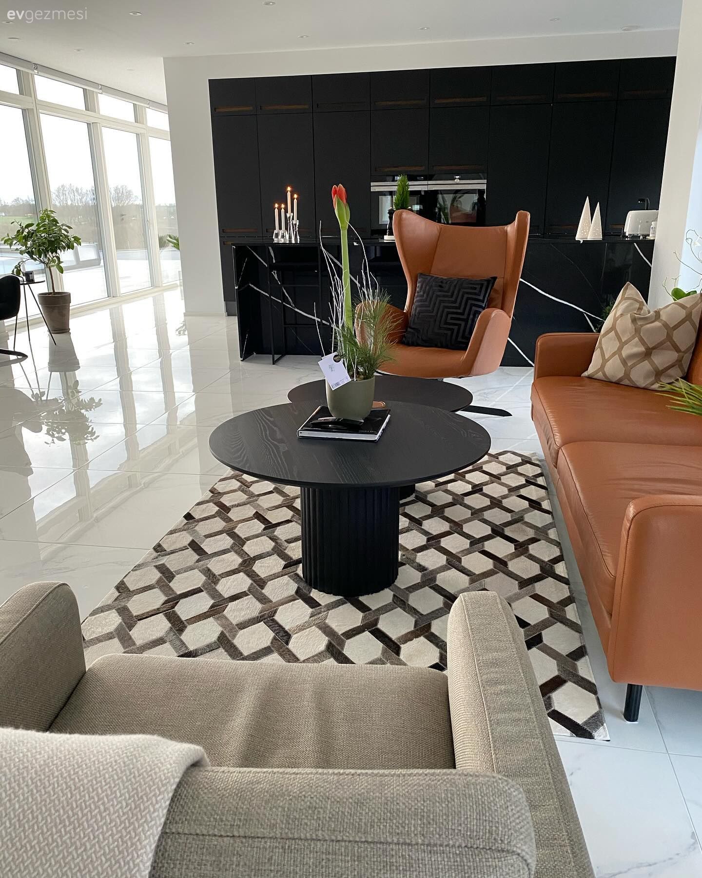 Salon, Modern, Yanık turuncu, Bej, Siyah, Vizon, Koltuk takımı, Berjer, Halı, Salon halısı, Açık konsept yaşam alanı, Ev bitkisi, Orta sehpa, Sehpa, Kırlent, Ev tekstili, Amerikan Mutfak, Mutfak, Siyah mutfak, Kulpsuz mutfak dolabı, Ada mutfak, Mutfak zemin seramikleri, Saksı