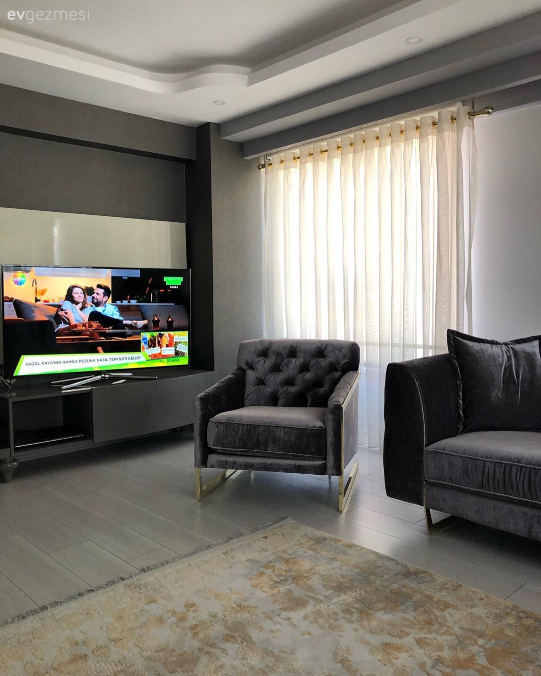 Salon, Gri, Klasik, Koltuk takımı, Berjer, Tv ünitesi, Tül perde, Perde, Halı, Salon halısı