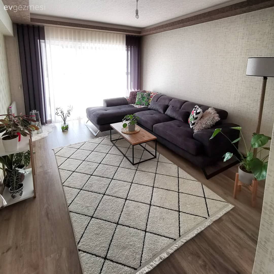 Oturma Odası, Modern, Antrasit  , Beyaz, Köşe koltuk, Koltuk takımı, Fon perde, Perde, Tül perde, Orta sehpa, Sehpa, Halı, Geometrik desen, Desenler, Kırlent, Ev tekstili, Ev bitkisi