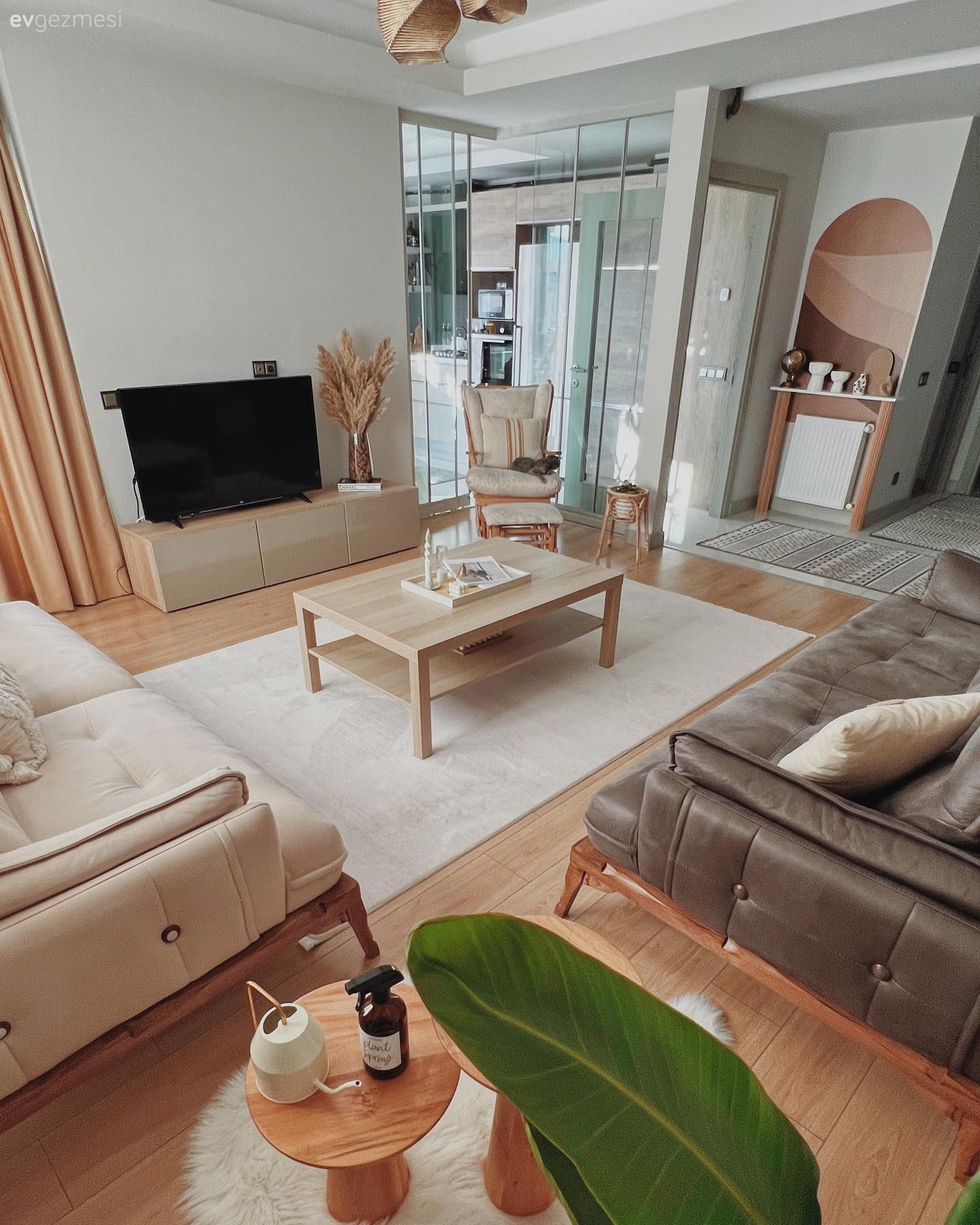 Salon, Modern, Gri, Beyaz, Bej, Krem, Ahşap Mobilya, Koltuk takımı, Halı, Salon halısı, Tv ünitesi, Tv ünitesi aksesuarları, Ev Aksesuar, Orta sehpa, Sehpa, Duvar dekorasyonu, Yan sehpa, Ev bitkisi, Modern rustik, Kırlent, Ev tekstili, Dekoratif Objeler