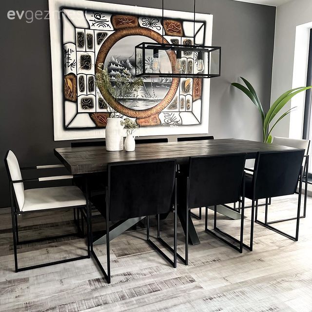 Yemek Odası, Modern, Siyah, Beyaz, Halı, Şamdan, Ev Aksesuar, Sandalye, Yemek masası, Duvar panosu, Duvar dekorasyonu, Yemek odası avizesi
