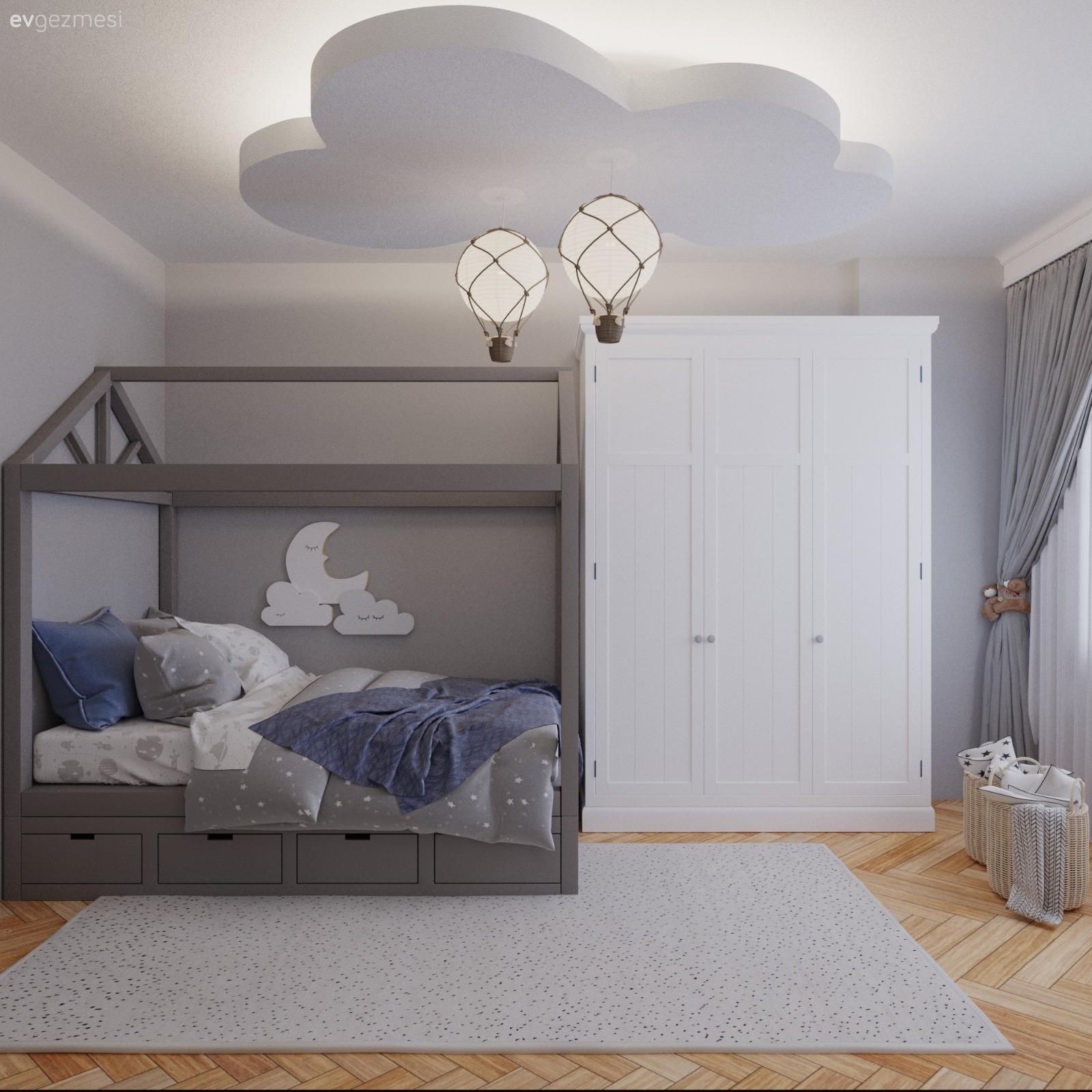 Çocuk Odası, Beyaz, Gri, Mavi, Çocuk odası halısı, Tavan dekorasyon, Avize, Aydınlatma, Fon perde, Perde, Gardrop, Parke