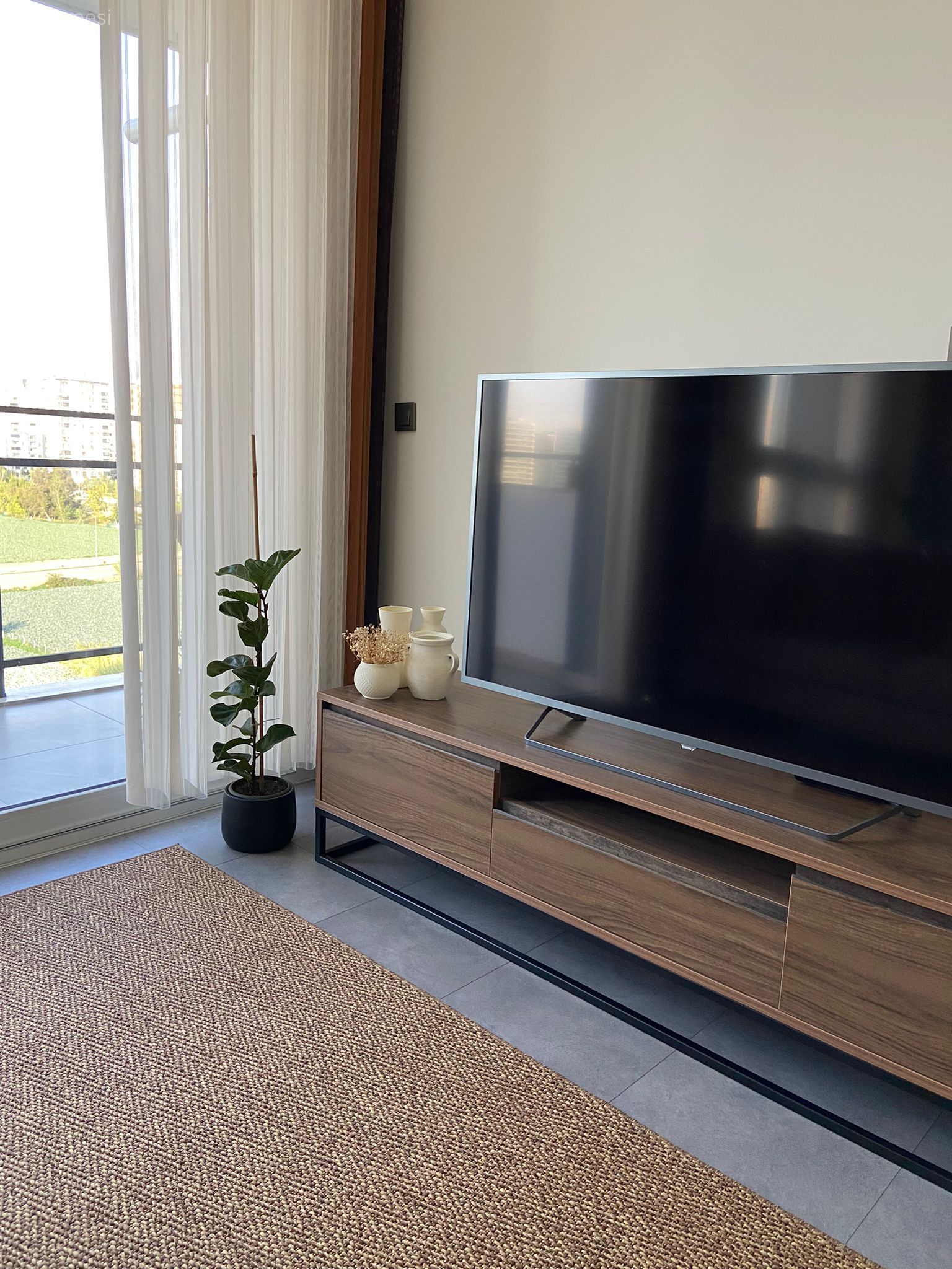 Salon, Tv ünitesi aksesuarları, Ev Aksesuar, Tv ünitesi, Ev bitkisi, Perde, Fon perde, Tül perde, Halı, Kahverengi, Ahşap Mobilya, Siyah, Yeşil, Beyaz, Bej, Krem, Gri