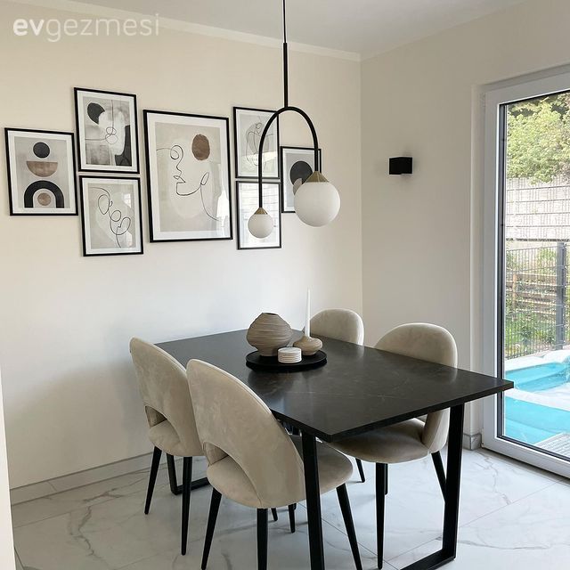 Çerçeve, Sandalye, Siyah, Bej, Avize, Aydınlatma, Yemek masası, Dekoratif Objeler