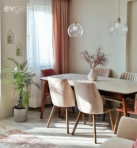 Yemek Odası, Modern, Krem, Pembe, Yemek masası, Sandalye, Fon perde, Perde, Tül perde, Vazo, Ev Aksesuar, Çiçekler, Yemek odası avizesi, Ev bitkisi, Saksı