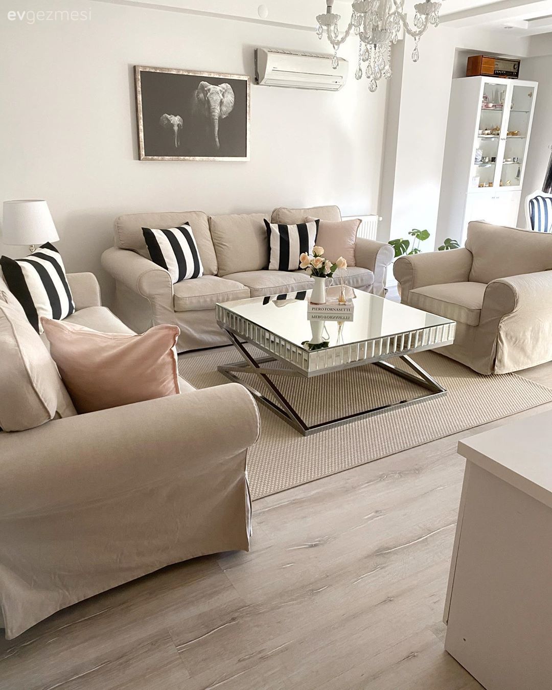 Salon, Bej, Siyah- Beyaz, Pudra pembe, Koltuk takımı, Tablo, Duvar dekorasyonu, Aynalı mobilya, Ayna, Avize, Aydınlatma, Abajur, Halı, Salon halısı, Dolap