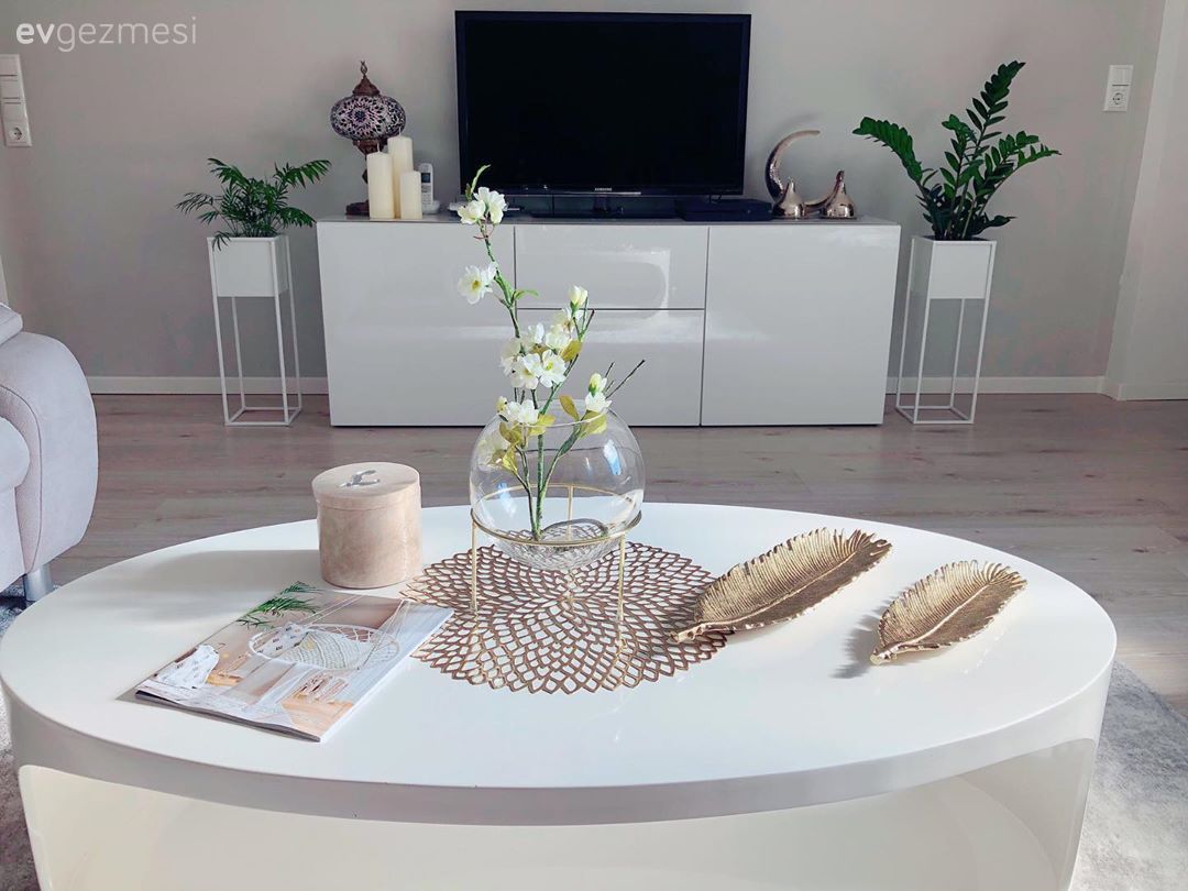 Salon, Sehpa, Metal ayaklı sehpa, Ev Aksesuar, Ev bitkisi, Orta sehpa, Sehpa üstü aksesuarı, Tv ünitesi, Tv ünitesi aksesuarları, Beyaz