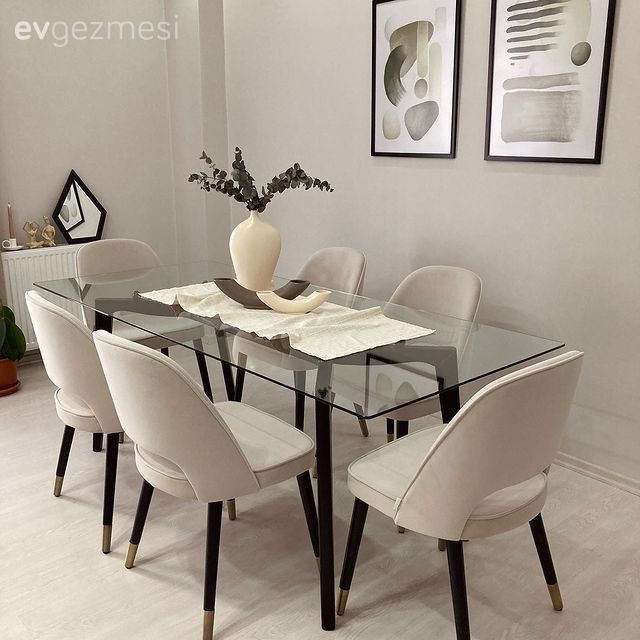 Yemek Odası, Yemek masası, Sandalye, Modern, Gri, Siyah, Bej, Beyaz, Vazo, Ev Aksesuar, Tablo, Duvar dekorasyonu, Dekoratif Objeler