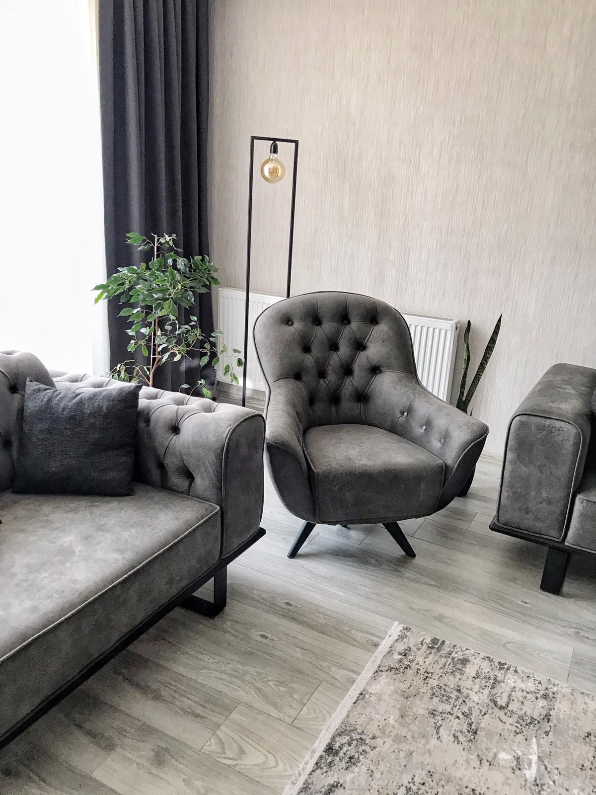 Salon, Modern, Antrasit  , Fon perde, Perde, Tül perde, Halı, Berjer, Lambader, Aydınlatma