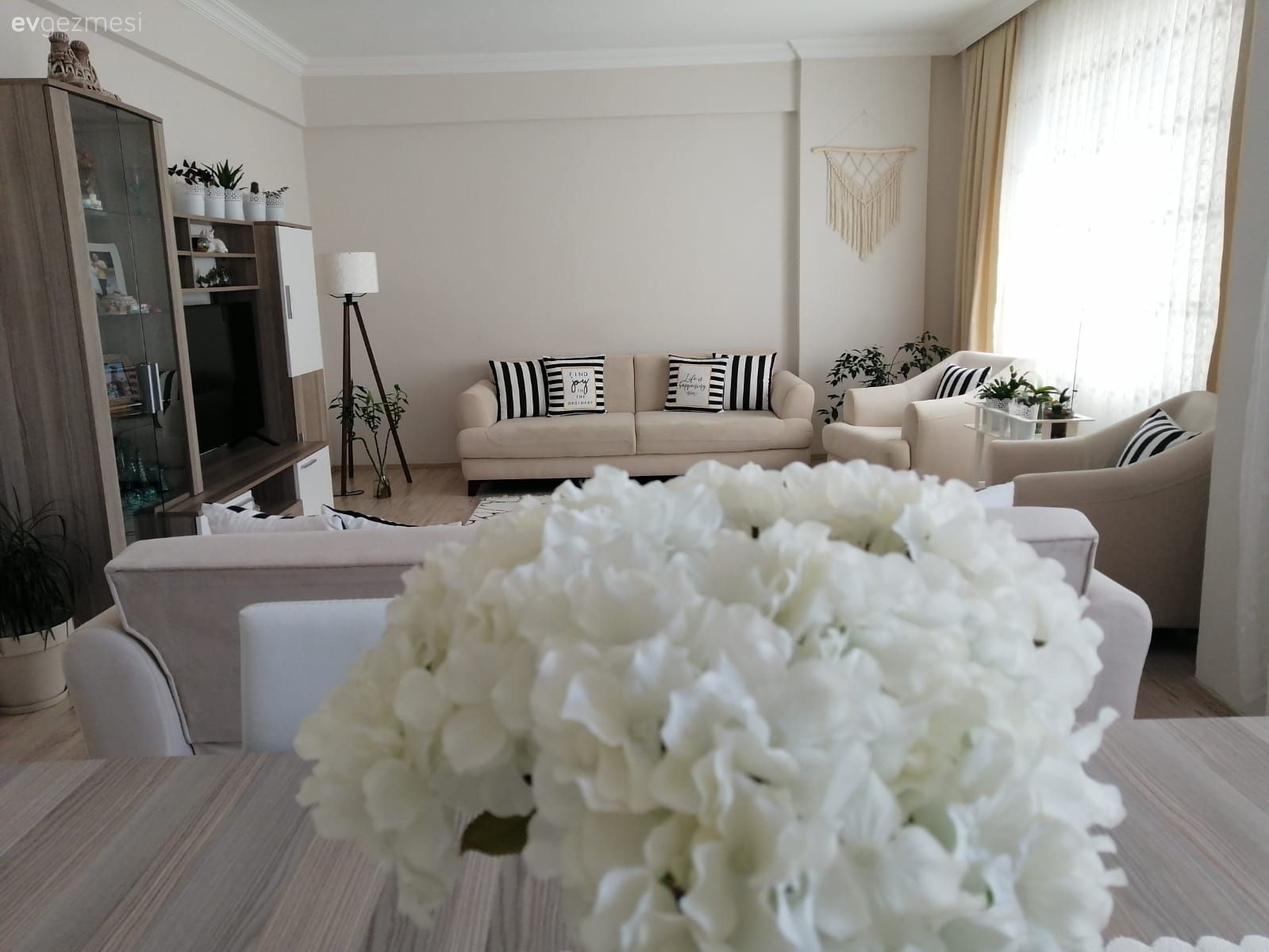 Salon, Modern, Krem, Siyah, Beyaz, Koltuk takımı, Halı, Salon halısı, Berjer, Tv ünitesi, Tv ünitesi aksesuarları, Ev Aksesuar, Lambader, Aydınlatma, Makrome