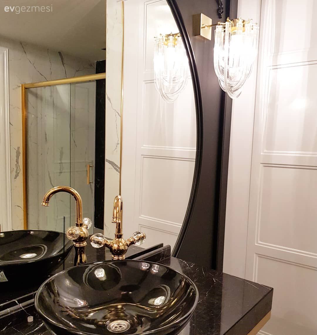 Banyo, Siyah, Beyaz, Altın, Banyo dolabı, Banyo aynası, Aplik, Aydınlatma, Banyo aksesuarları, Banyo seramikleri