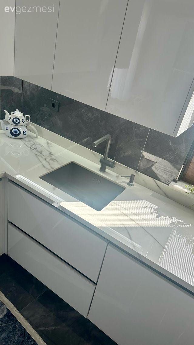 Porselen tezgah, Mutfak tezgahı, Mutfak, Beyaz, Kulpsuz mutfak dolabı