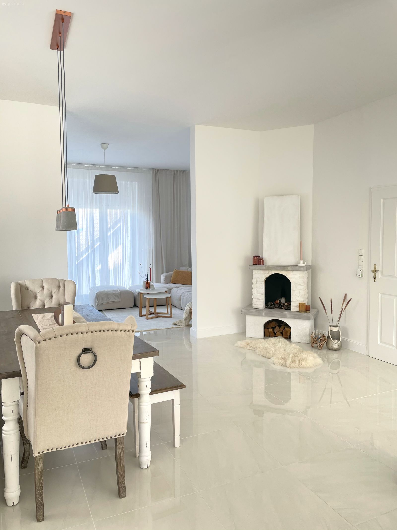 Sandalye, Yemek masası, Beyaz, Gri, Bank, Sarkıt, Aydınlatma, Şömine