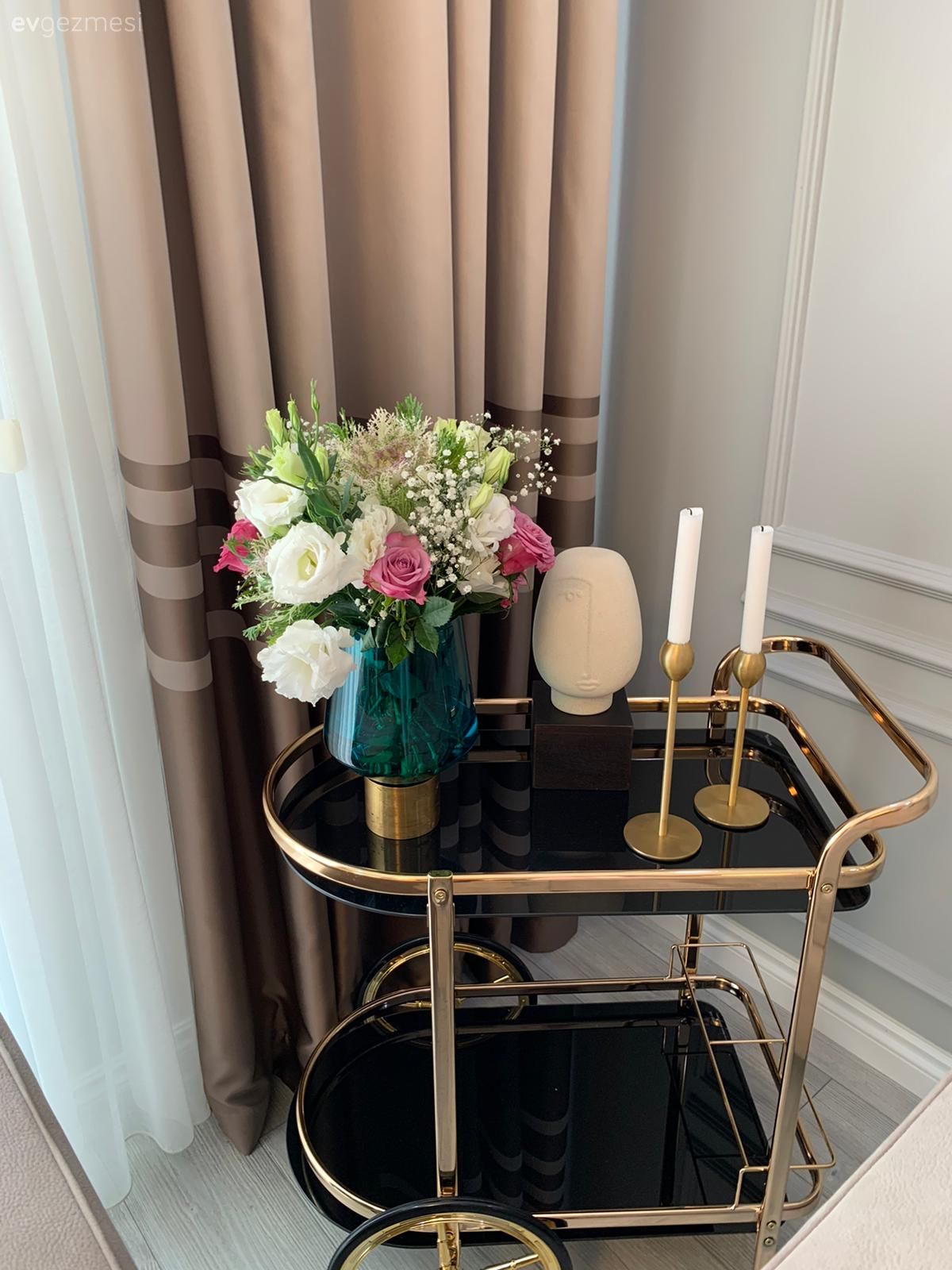 Vizon, Krem, Siyah, Altın, Şamdan, Ev Aksesuar, Vazo, Çiçekler, Servis arabası