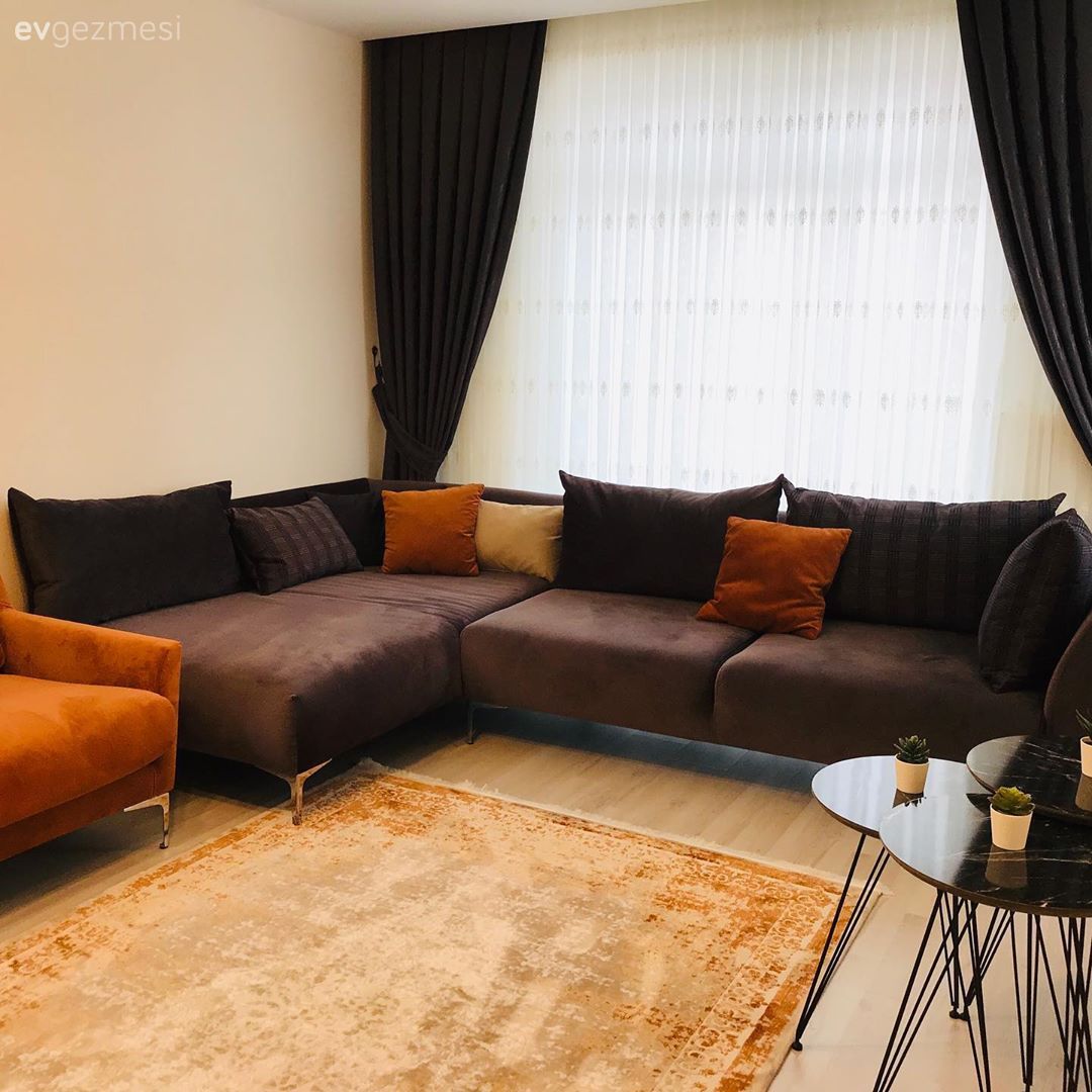 Modern, Turuncu, Antrasit  , Köşe koltuk, Koltuk takımı, Berjer, Halı, Salon halısı, Zigon sehpa, Sehpa, Fon perde, Perde, Tül perde, Oturma Odası