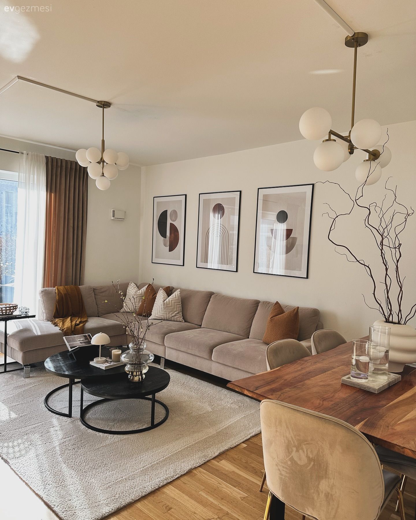 Salon, Bej, Vizon, Krem, Siyah, Köşe koltuk, Koltuk takımı, Tablo, Duvar dekorasyonu, Kırlent, Ev tekstili, Orta sehpa, Sehpa, Halı, Salon halısı, Fon perde, Perde, Tül perde, Parke, Sandalye, Yemek masası, Dekoratif Objeler, Avize, Aydınlatma