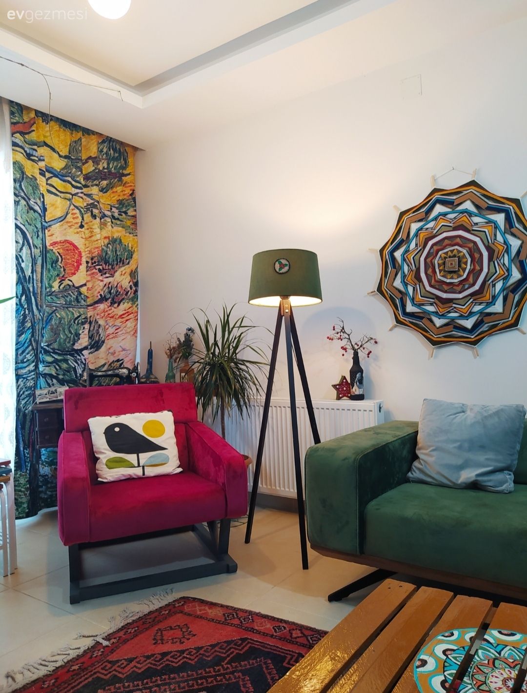 Salon, Eklektik, Sarı, Fuşya, Yeşil, Koltuk takımı, Berjer, Fon perde, Perde, Lambader, Aydınlatma, Halı, Salon halısı, Orta sehpa, Sehpa, Kırlent, Ev tekstili, Ev bitkisi