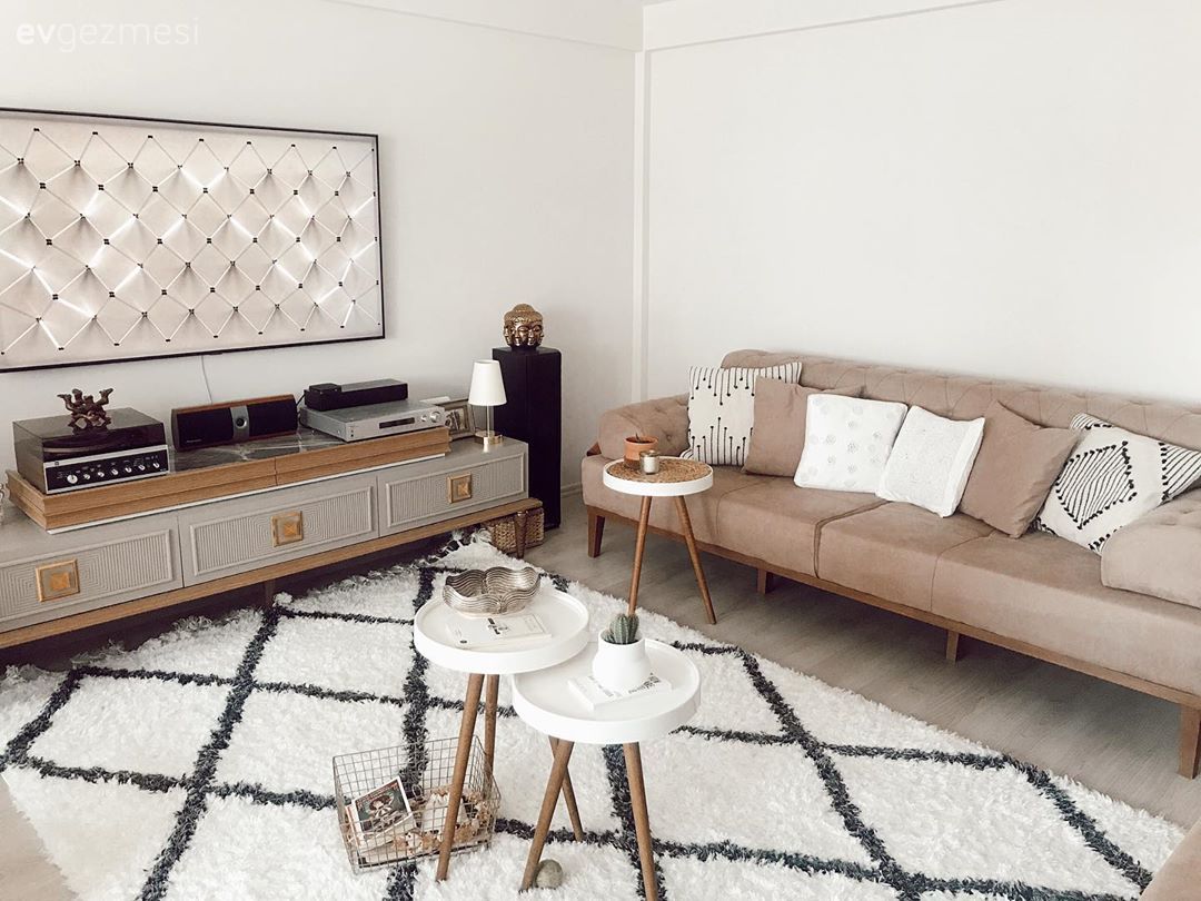 Salon, Beyaz, Kahverengi, Siyah- Beyaz, Koltuk takımı, Kırlent, Ev tekstili, Sehpa, Halı, Salon halısı, Tv ünitesi, Tv ünitesi aksesuarları, Ev Aksesuar, Geometrik desen, Desenler