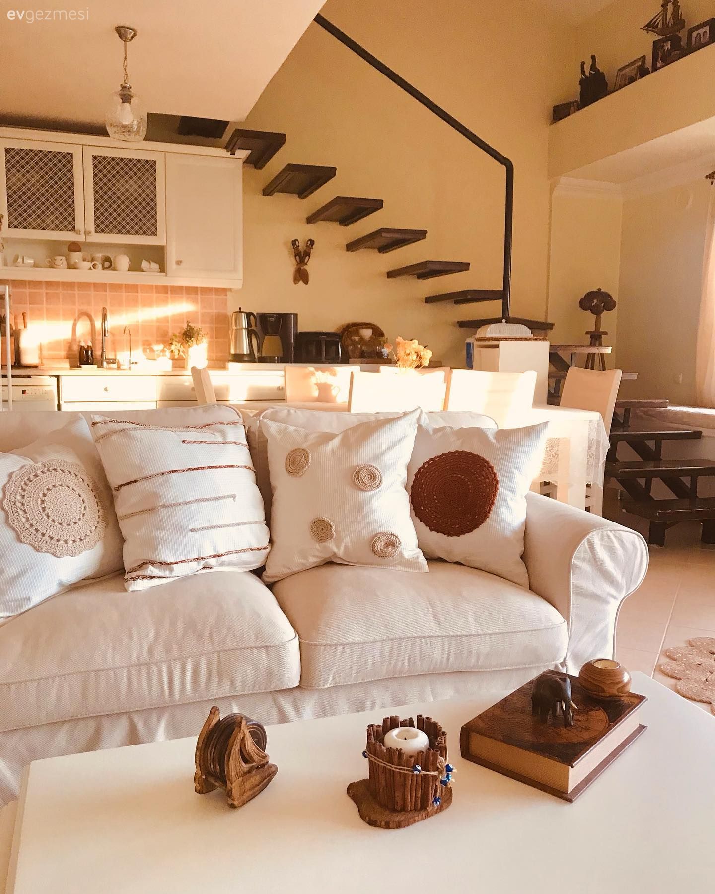 Salon, Bohem Dekorasyon, Amerikan Mutfak, Mutfak, Bej, Krem, Beyaz