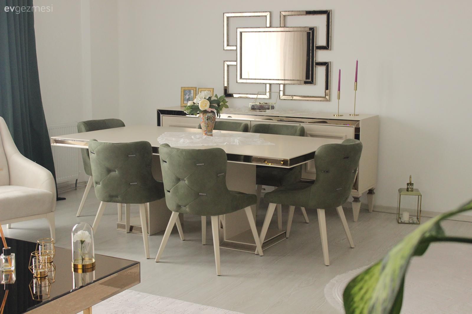 Yemek Odası, Bej, Yeşil, Beyaz, Yemek masası, Sandalye, Ayna, Fon perde, Perde, Tül perde